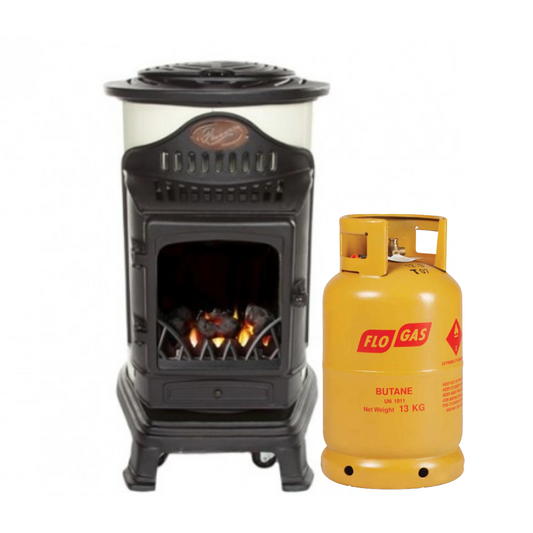 Provence Portable Real Flame Gas Heater in Cream and Black with gas bottle