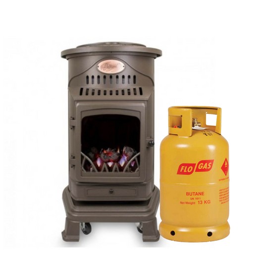 Provence Portable Real Flame Gas Heater in Honey Brown with gas bottle